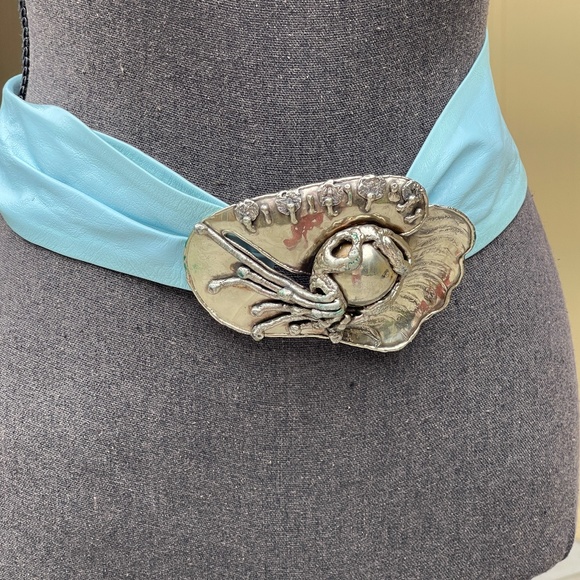 Brutalist Silver Huge Vintage Buckle Powder Blue Wide Leather Cinch Belt main image 6